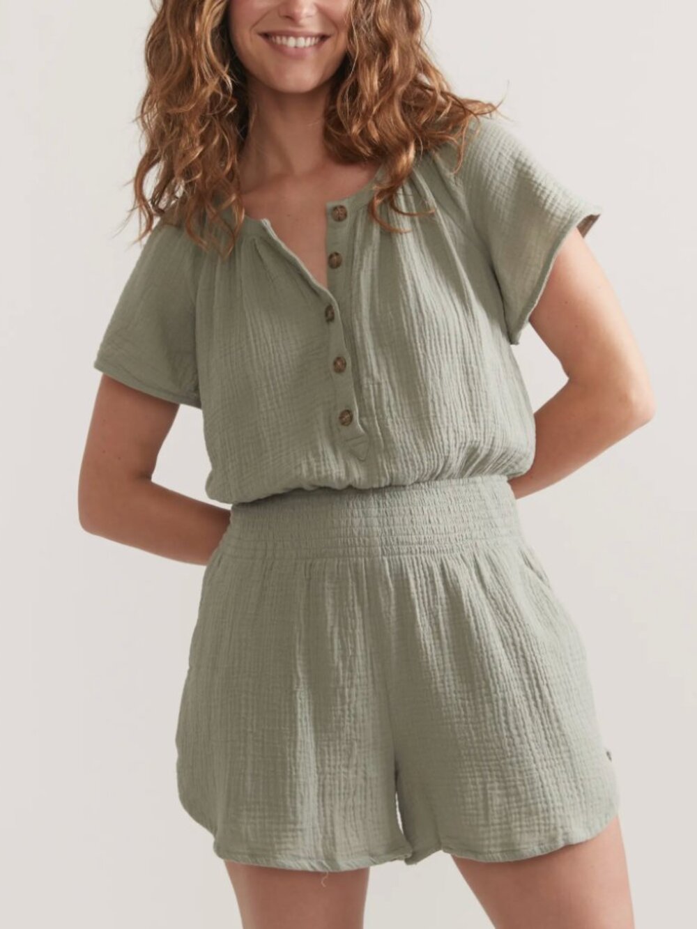 Marine Layer Double Cloth Gauze Cotton Romper Green
